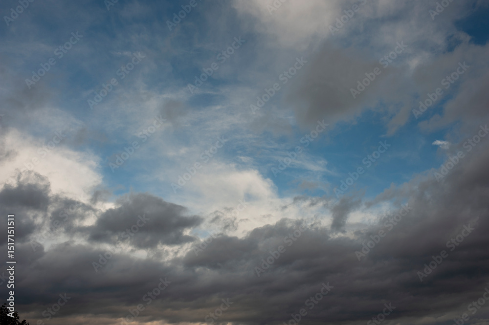Fototapeta premium Panorama of dawn fire in the sky above the natural pasture. Golden red clouds just before sunrise. Picturesque landscape at sunrise. Beauty in nature