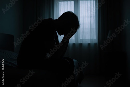 Silhouette of a despairing man sitting hunched over on the edge of a bed in a dark sparsely furnished bedroom his head in his hands.