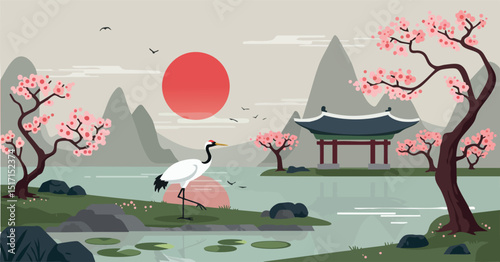 Crane near pond with cherry blossom trees and traditional pavilion in serene landscape 