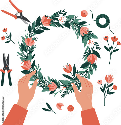 Floral wreath making with hands and garden tools in soft coral and green vector illustration 