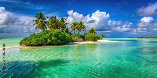 A serene ocean scene with a narrow sandbar extending into the turquoise water at low tide, surrounded by lush green vegetation and swaying palm trees , nature scenery, sandbar