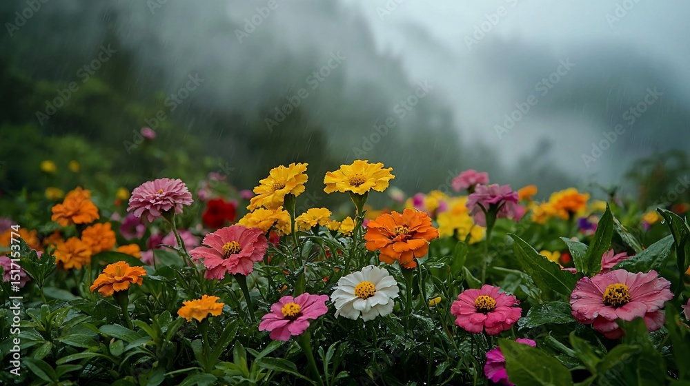 Obraz premium Vibrant flowers in a misty garden