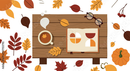 Autumn Leaves and Pumpkin on Wooden Table with Coffee and Reading Glasses Vector Illustration 