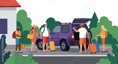 Group of travelers preparing SUV car for trip with luggage in suburban area 