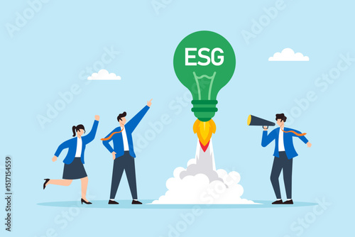 Flat illustration of employees launching green ESG lightbulb rocket as symbol of innovative sustainability breakthrough