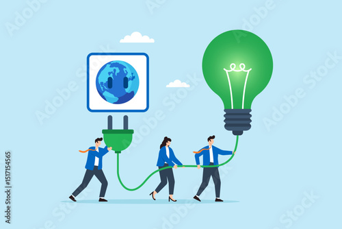 Flat illustration of employees plugging green ESG bulb into global socket representing clean energy collaboration