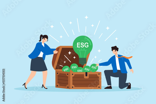 Flat illustration of employees opening treasure chest filled with green ESG lightbulbs as corporate sustainability reward