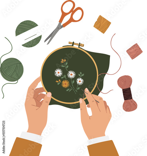 Hands doing floral embroidery with green yarn and orange scissors creative hobby vector illustration 