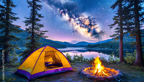 Night Camping Under Milky Way Galaxy with Tent and Campfire by Lake
