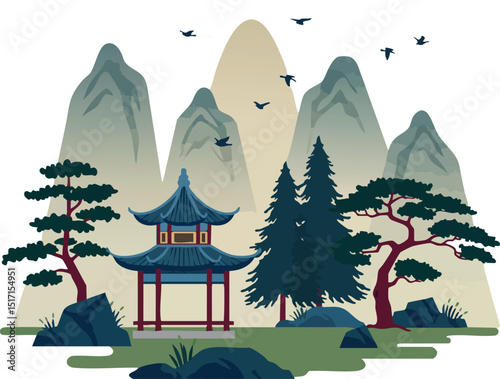 Traditional Asian pavilion with pine trees and mountain landscape in calm natural setting 