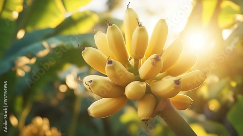 Close-up of a Bunch of Young Bananas on the Tree at Sunset, Showing Healthy Growth
