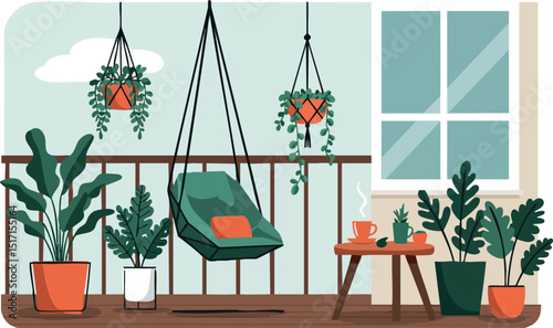 Balcony with green plants and hanging chair urban home decoration vector illustration 
