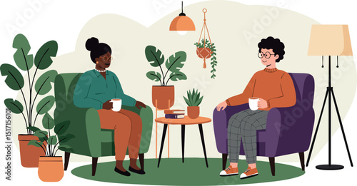 Two people having conversation sitting in armchairs surrounded by houseplants vector illustration 