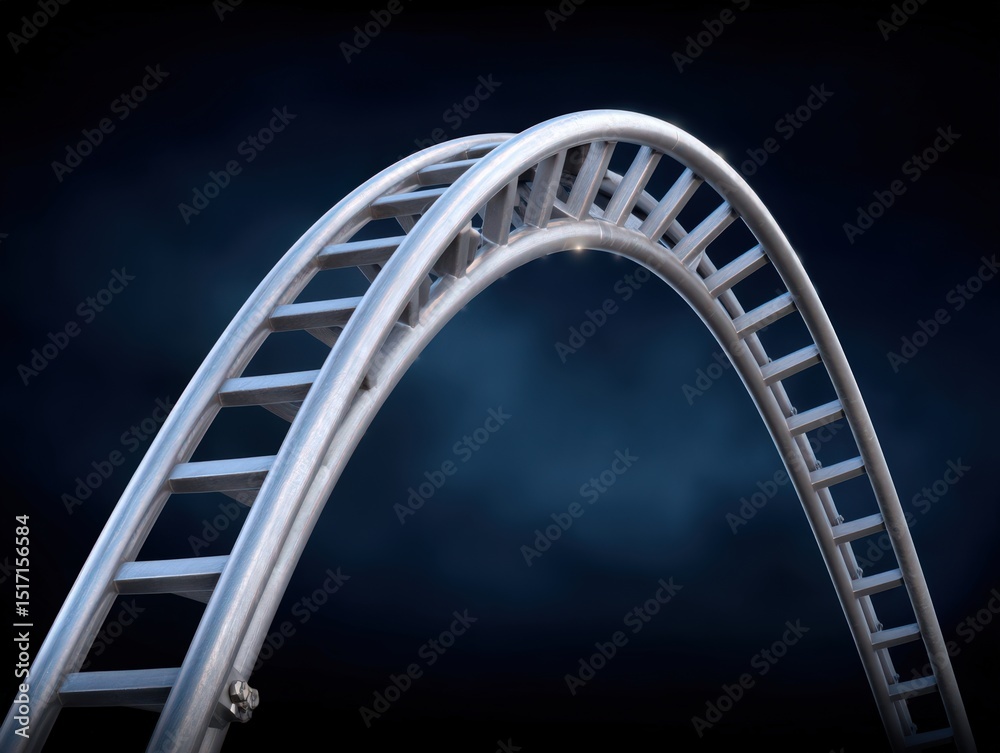 Naklejka premium Roller coaster track arch soaring against a dramatic dark background symbolizing excitement and thrill capturing the essence of amusement park adventures captured with clarity