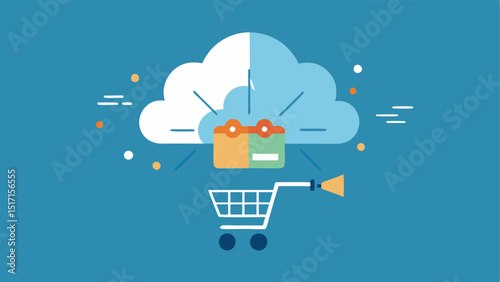 Cloud Shopping Concept An illustration of a cloud filled with tech devices with rays emanating towards a shopping cart symbolizing convenience and online shopping.
