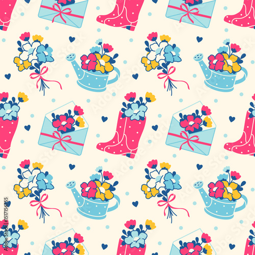 Seamless spring floral pattern with gift bouquets, rubber boots, and watering cans. A playful, colorful background perfect for textile, paper, packaging, and seasonal gardening decor