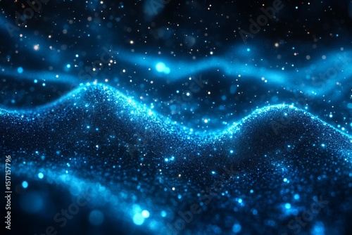 Blue glowing particles flowing in abstract digital wave pattern on black background