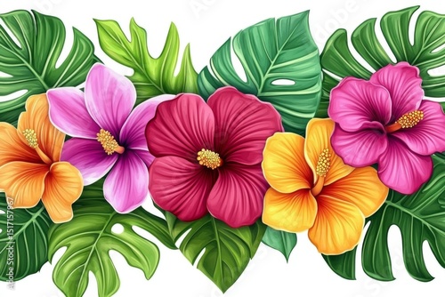 Vibrant tropical flowers with green leaves on white background illustration
