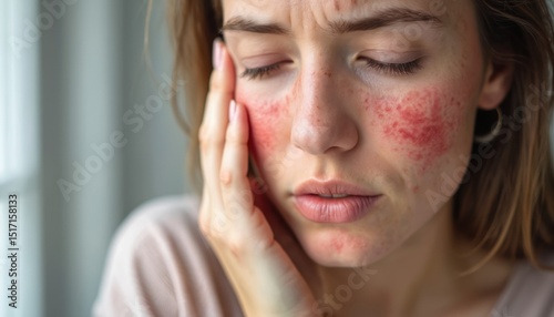 Woman with allergic reaction, skin redness. Suffering from dermatitis, eczema, irritation, itching. Red spots on face, cheeks. Health care, dermatology problem, dry skin care.