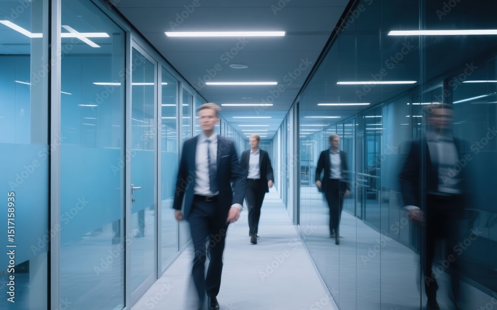 Fototapeta premium Business Executives: A dynamic shot of business executives striding confidently down a modern office corridor, symbolizing progress and ambition in a professional setting.
