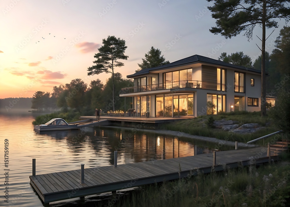A charming house on the river, bathed in the warm glow of sunset, reflects beautifully on the tranquil water A charming house on the river, bathed in the warm glow of sunset, reflects beautifully on the tranquil water