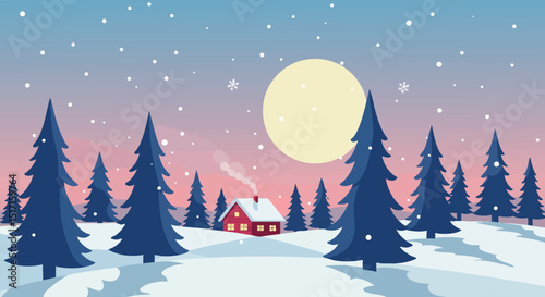 Winter landscape with snowy pine trees and red cabin under full moon vector illustration 