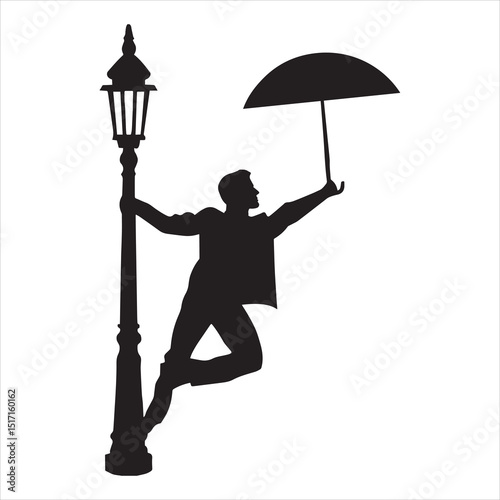 Man Swinging on Lamppost with Umbrella Silhouette