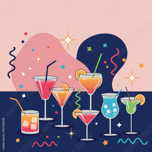 Colorful cocktail drinks with party confetti and sparkles vector illustration 