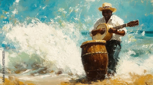 Coastal Musician Plays Guitar and Drum Amidst Crashing Waves