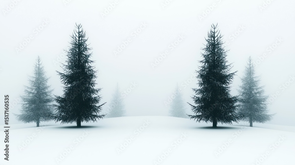Fototapeta premium Snow covered evergreen trees stand amid heavy winter fog conditions