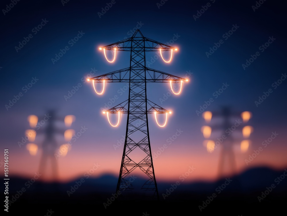 Fototapeta premium Majestic power lines silhouetted against a vibrant sunset background highlighting electrical connections and energy transmission in an industrial landscape capturing dynamic infrastructure