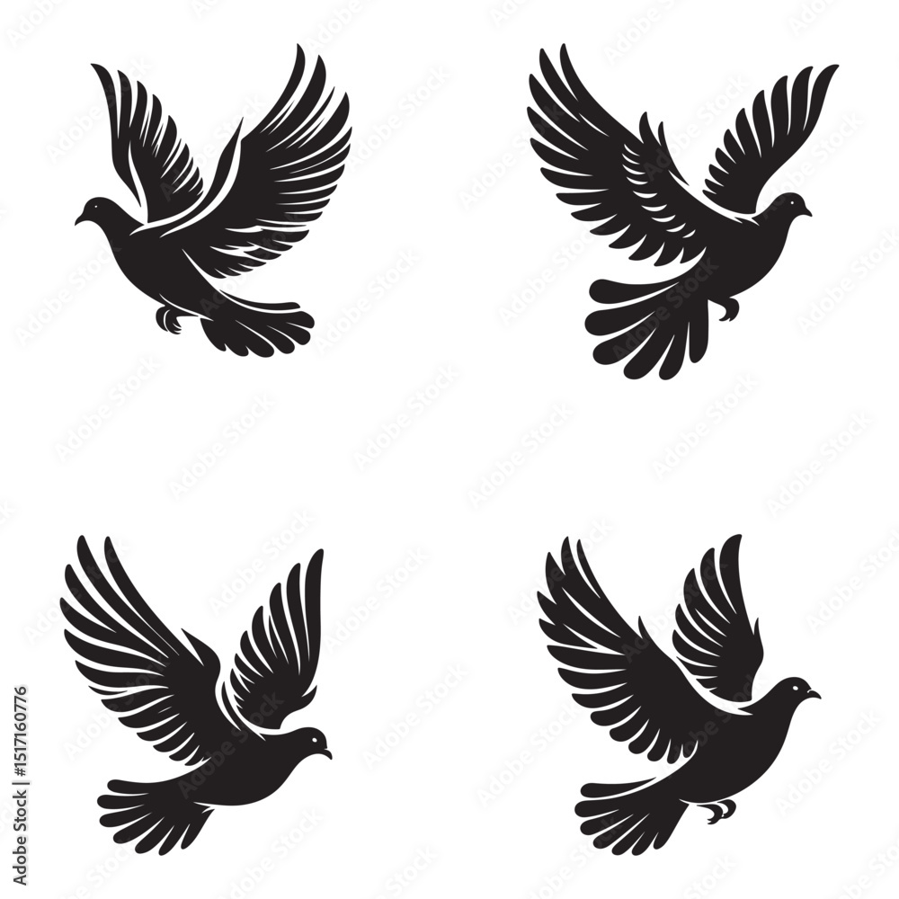 Set of Four Flying Dove or Pigeon Silhouettes Set of Four Flying Dove or Pigeon Silhouettes