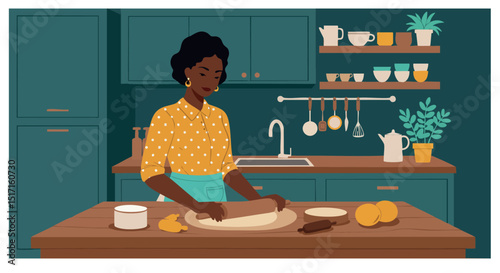 Woman baking bread in kitchen with teal cabinets and yellow shirt vector illustration 
