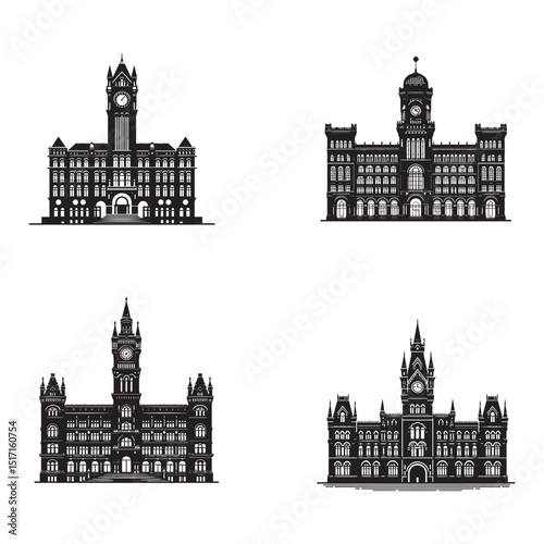 Set of Four Historic Government Building Silhouettes