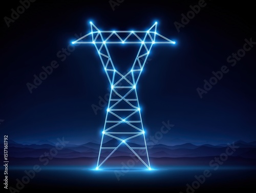 Futuristic glowing power transmission tower silhouette against a dark blue night landscape with neon light accents creating a striking visual impact emphasizing energy flow and technological