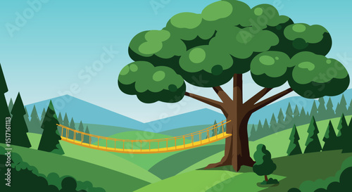 Tree with hanging rope bridge in green forest landscape with distant mountains vector illustration 