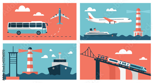 Transportation modes with lighthouse and sea travel vector illustration in blue and red palette 
