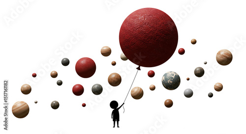 Minimalist Symbolic Art Of Child With Balloon And Planets Featuring Simple Character And White Background For Inner Child Or Exploration Concept