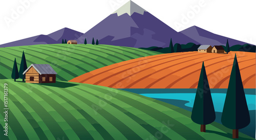 Mountain landscape with green and orange fields and small houses vector illustration 