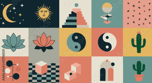 Abstract geometric shapes with moon sun lotus cactus and yin yang symbols vector illustration 
