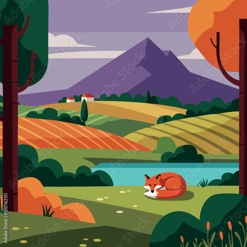 Fox sleeping in colorful autumn landscape with mountain and river vector illustration 