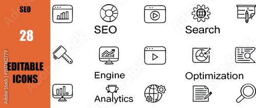 Seo optimization icons set for search engine marketing and web analytics editable vector line style design kit