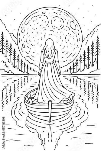 Woman in Boat Gazing at Full Moon