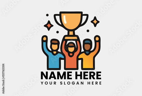 Illustrative colored icon of a diverse team of three people celebrating a shared victory by raising a golden trophy. Achievement concept
