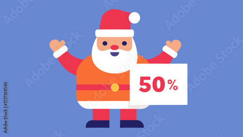 Bargain Hunting Santa enthusiastically holding up a large sign that says 50% Off while browsing a section of discounted holiday decorations.