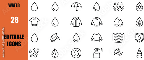 Water drops and rain protection editable icons vector set for weather and nature related designs and presentations