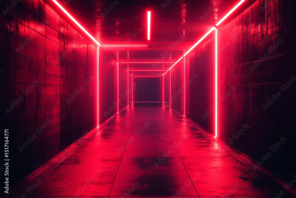 Neon-lit futuristic corridor with glowing pink and red lights Neon-lit futuristic corridor with glowing pink and red lights