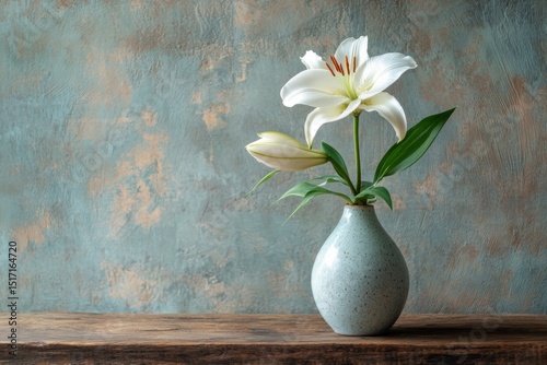 Minimalistic vase with white flower against textured blue wall