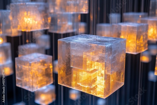 Digital render of floating cubes with glowing orange cores
