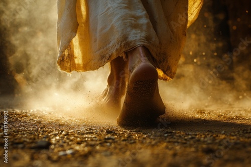 Closeup of person walking on dirt road with dust rising around bare feet in warm light